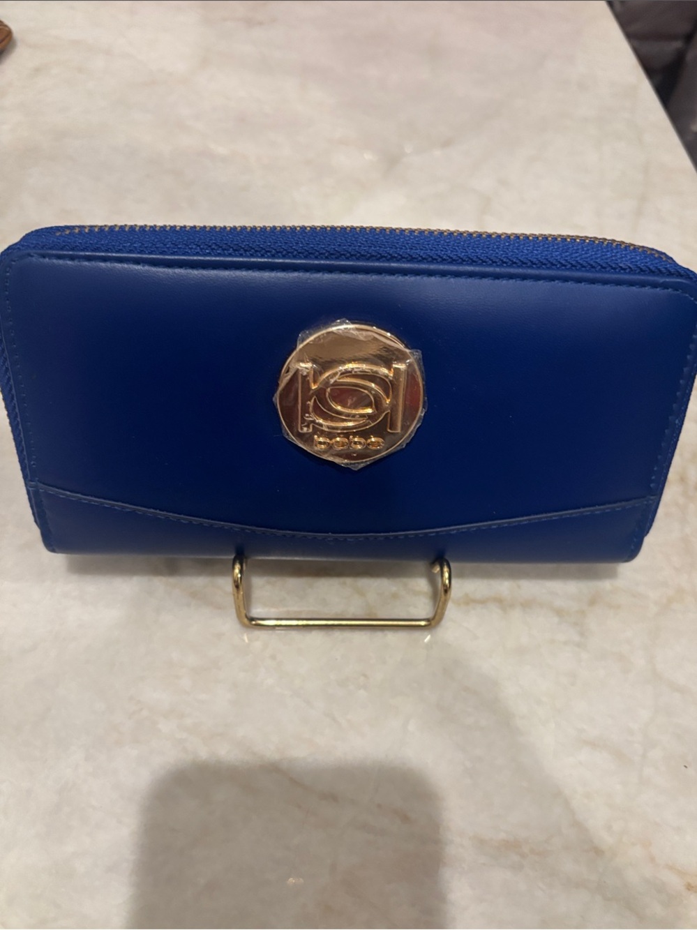 bebe Royal Blue Zip Wallet with Gold Emblem